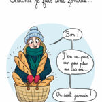 Illustration jeune femme tenant un panier rempli de baguettes de pain (Gib, Marie Roumégoux illustratrice à Toulouse)