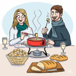 Illustration couple mangeant une fondue (Gib, Marie Roumégoux illustratrice à Toulouse)