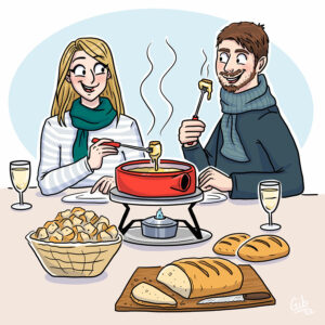 Illustration couple mangeant une fondue (Gib, Marie Roumégoux illustratrice à Toulouse)