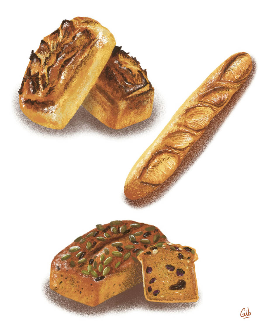 Illustrations façon crayonnés d'éléments de boulangerie, pains, moulin, gourmandises illustrés par Marie Roumégoux Gib