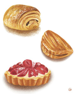 Illustrations façon crayonnés d'éléments de boulangerie, pains, moulin, gourmandises illustrés par Marie Roumégoux Gib
