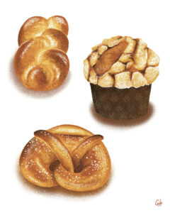 Illustrations façon crayonnés d'éléments de boulangerie, pains, moulin, gourmandises illustrés par Marie Roumégoux Gib