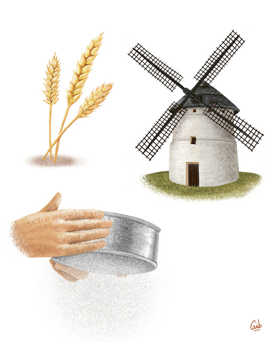 Illustrations façon crayonnés d'éléments de boulangerie, pains, moulin, gourmandises illustrés par Marie Roumégoux Gib