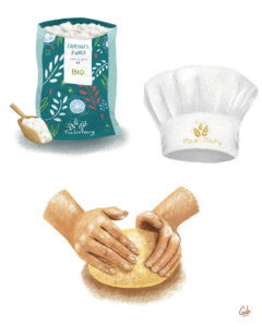 Illustrations façon crayonnés d'éléments de boulangerie, pains, moulin, gourmandises illustrés par Marie Roumégoux Gib