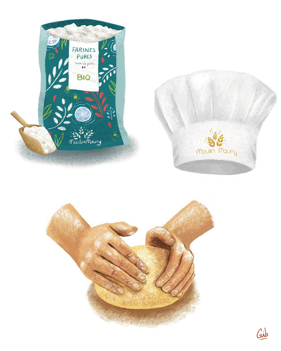 Illustrations façon crayonnés d'éléments de boulangerie, pains, moulin, gourmandises illustrés par Marie Roumégoux Gib